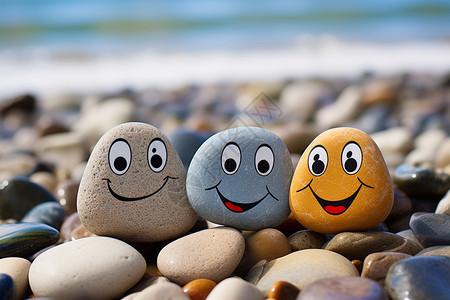 夏日沙滩上欢乐表情的石头图片