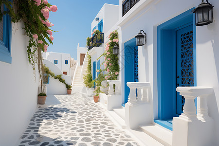 地中海蓝梦幻的蓝白建筑背景