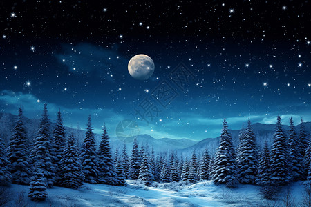 山林夜景冬夜之林的插图插画