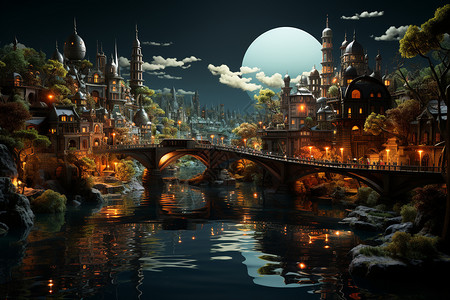 城堡的灯光夜幕下的奇幻城市设计图片