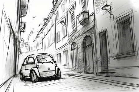 汽车线稿汽车停靠在街道上插画