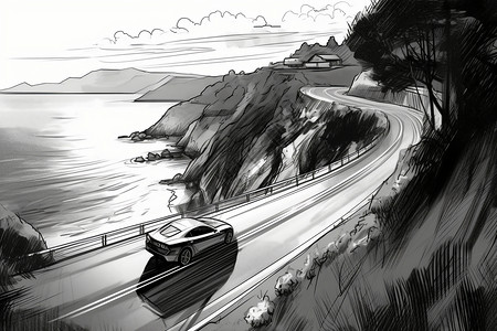 四面环山行驶在环山公路上的汽车插画