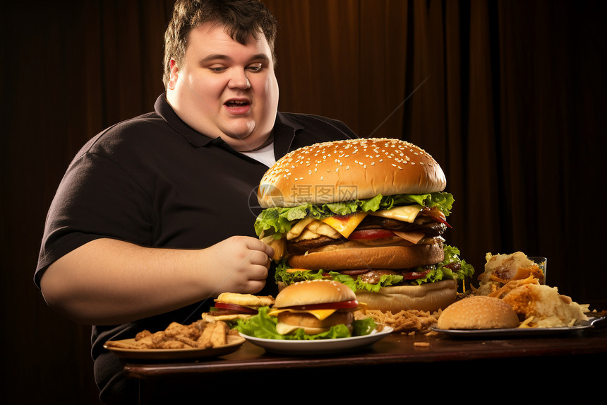 汉堡与薯条一个肥胖的男人图片