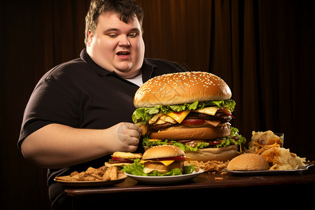 汉堡与薯条一个肥胖的男人图片