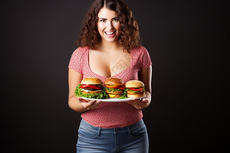 快乐女士享用美味的汉堡高清图片