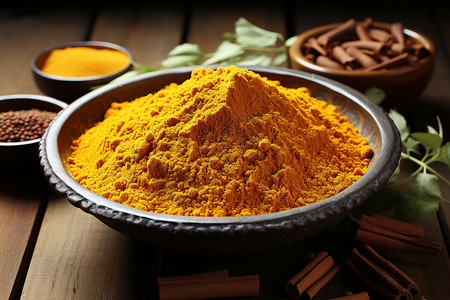 印度菜美味的黄咖喱粉背景