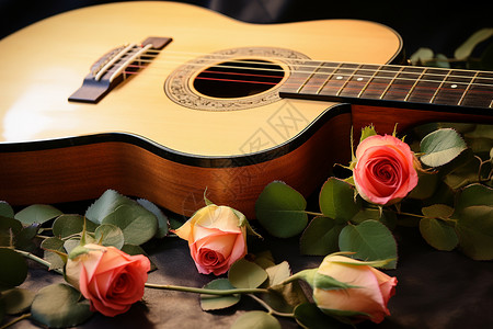 玫瑰与吉他的音乐艺术背景图片