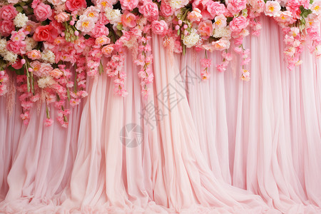 手绘粉色幕布粉色鲜花幕布背景背景