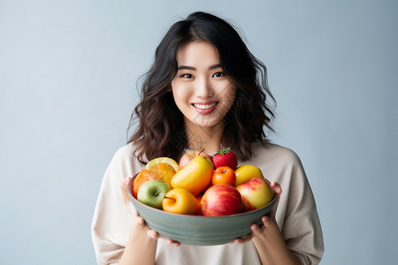 端着一大盘水果的女人图片