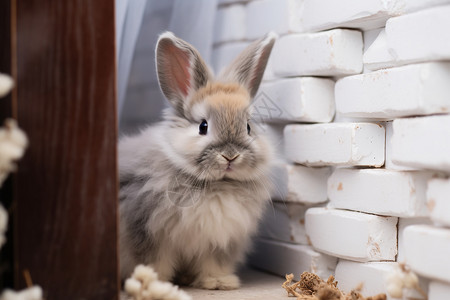兔子与白砖墙图片