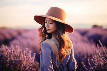 薰衣草花海中女人图片