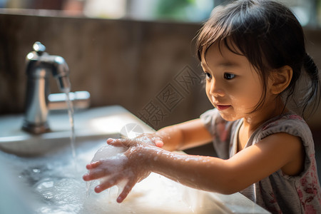 在水槽洗手的女孩背景图片