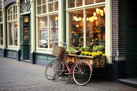 水果摊前的自行车高清图片