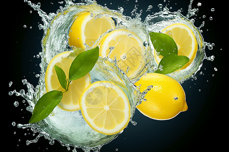 柠檬落入水中的场景背景图片