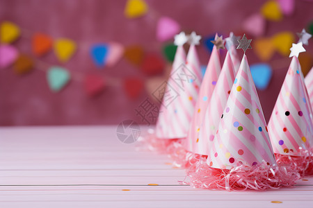 深粉色的彩带桌面上粉色的派对帽背景