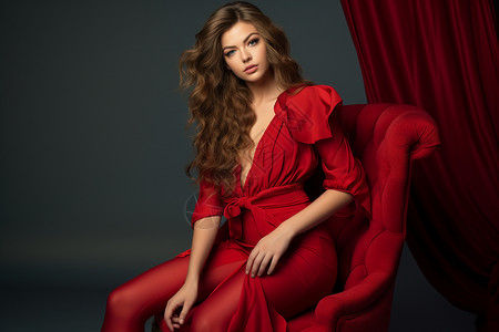 红椅子上的红衣美女图片
