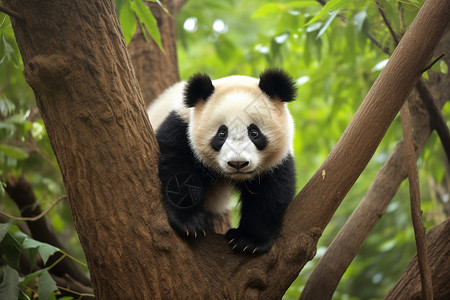 骑在树上熊猫熊猫宝宝在竹林中嬉戏背景