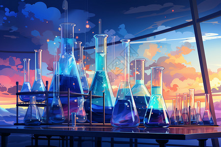 烧杯绘画夕阳下的化学实验室插画