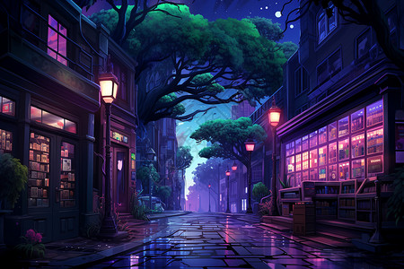 月光下的商铺背景图片