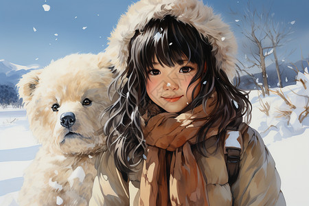 墨子纪念馆冰雪中戴帽子的女孩插画