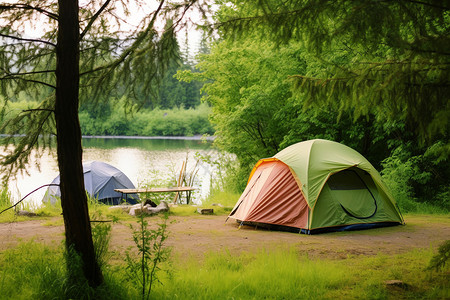 露营旁树草环绕图片