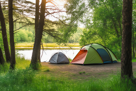 湖畔森林里的帐篷背景图片