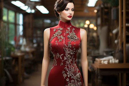红色刺绣旗袍背景图片