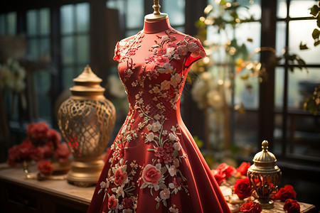 优雅精致旗袍精致的传统红色旗袍背景
