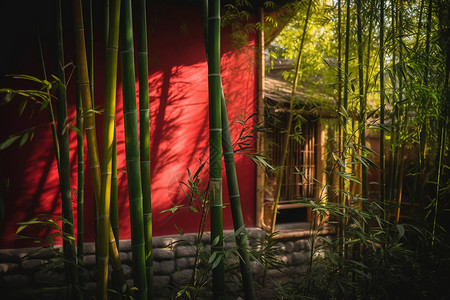 竹房子竹林里的寺庙背景