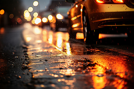 车前灯雨夜街头的车辆背景