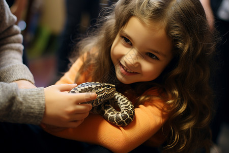 抱着蛇大笑的女孩高清图片