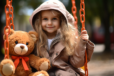 可爱女孩坐在秋千上抱着熊背景图片
