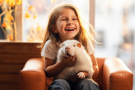 沙发上抱着豚鼠的女孩图片