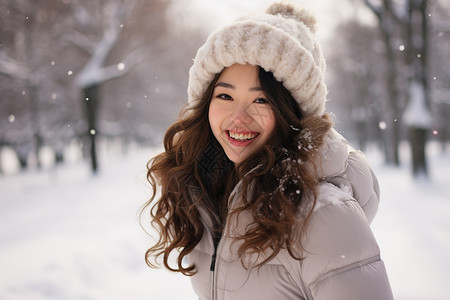 长发女孩戴着线帽站在雪地里高清图片