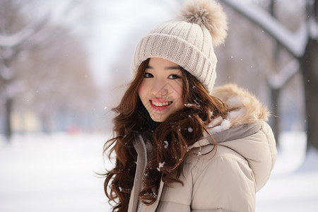 冬天棉袄雪地里微笑的长发女孩背景