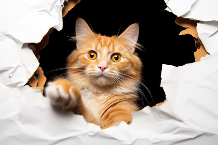 爆炸头可爱粽子猫咪从纸墙洞口探出头设计图片