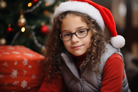 圣诞树前的女孩背景图片
