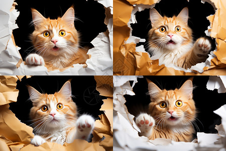 好奇动物好奇猫咪从纸墙洞口探出头设计图片