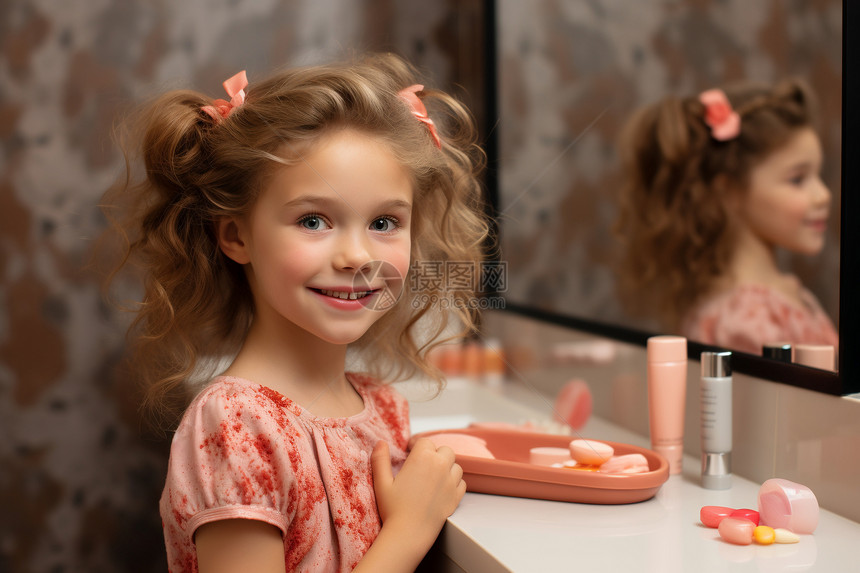 小女孩在镜子前化妆图片