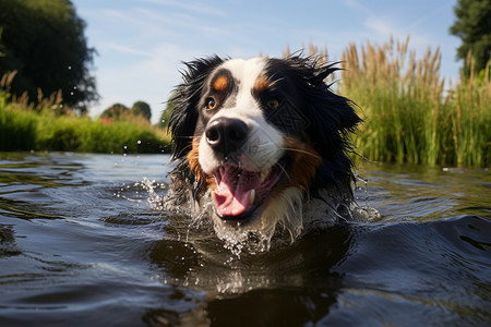 小狗在河里游泳背景图片