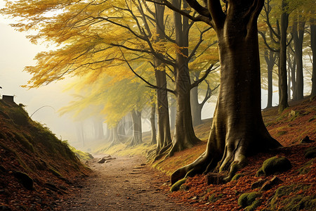 迷雾笼罩的秋季森林景观图片
