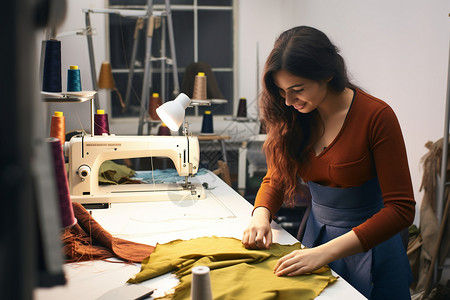 缝制车间使用缝纫机制作衣物的女人背景