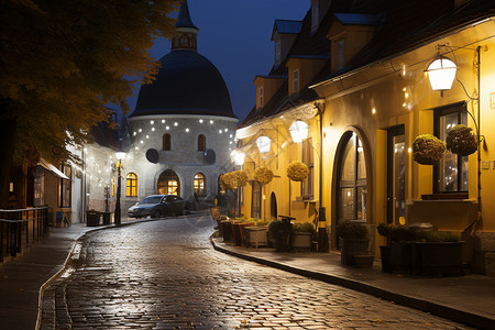 静谧的欧洲城市街道夜景背景图片