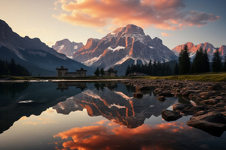 清晨静谧的山间湖泊景观图片
