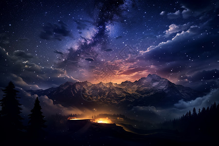星空篝火壮观的山间星空景观设计图片