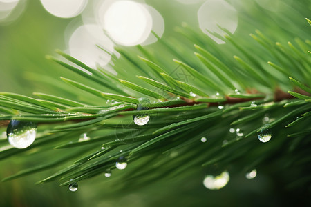 雨后松叶上的雨滴特写高清图片