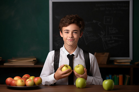 苹果演示素材教室黑板前的外国小男孩背景