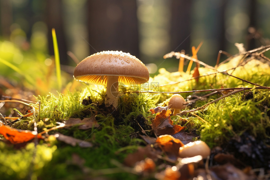 森林草地上生长的蘑菇图片