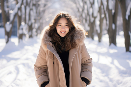 冬日雪中微笑的女子图片