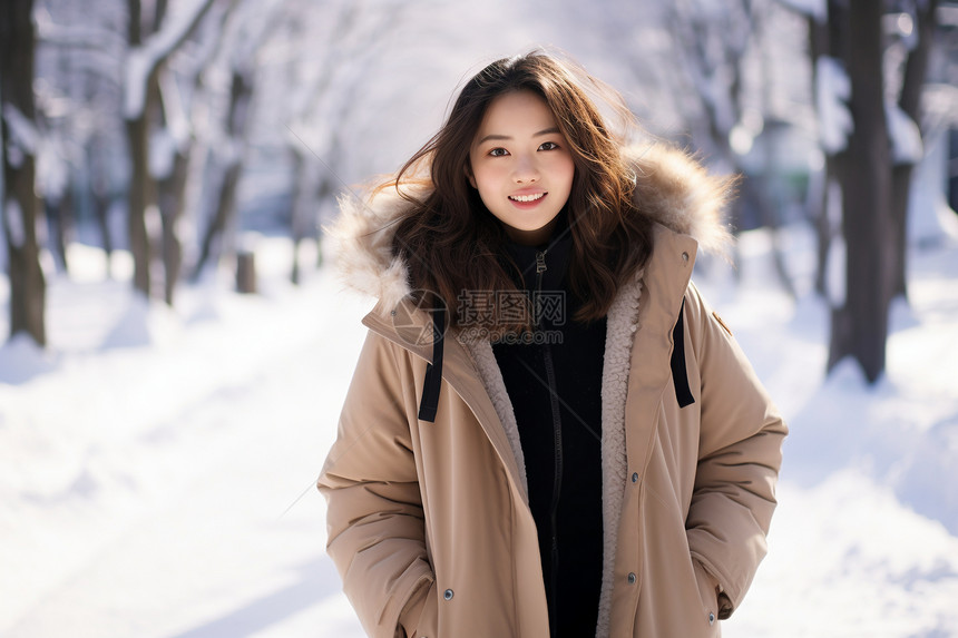 雪地中美丽的亚洲女子图片